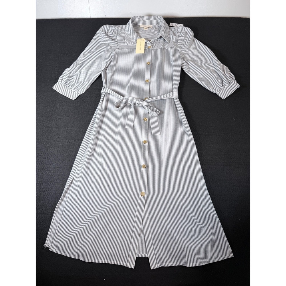 Monteau Los Angeles Womens Grey White Striped Midi Shirt Dress Size M NWT
